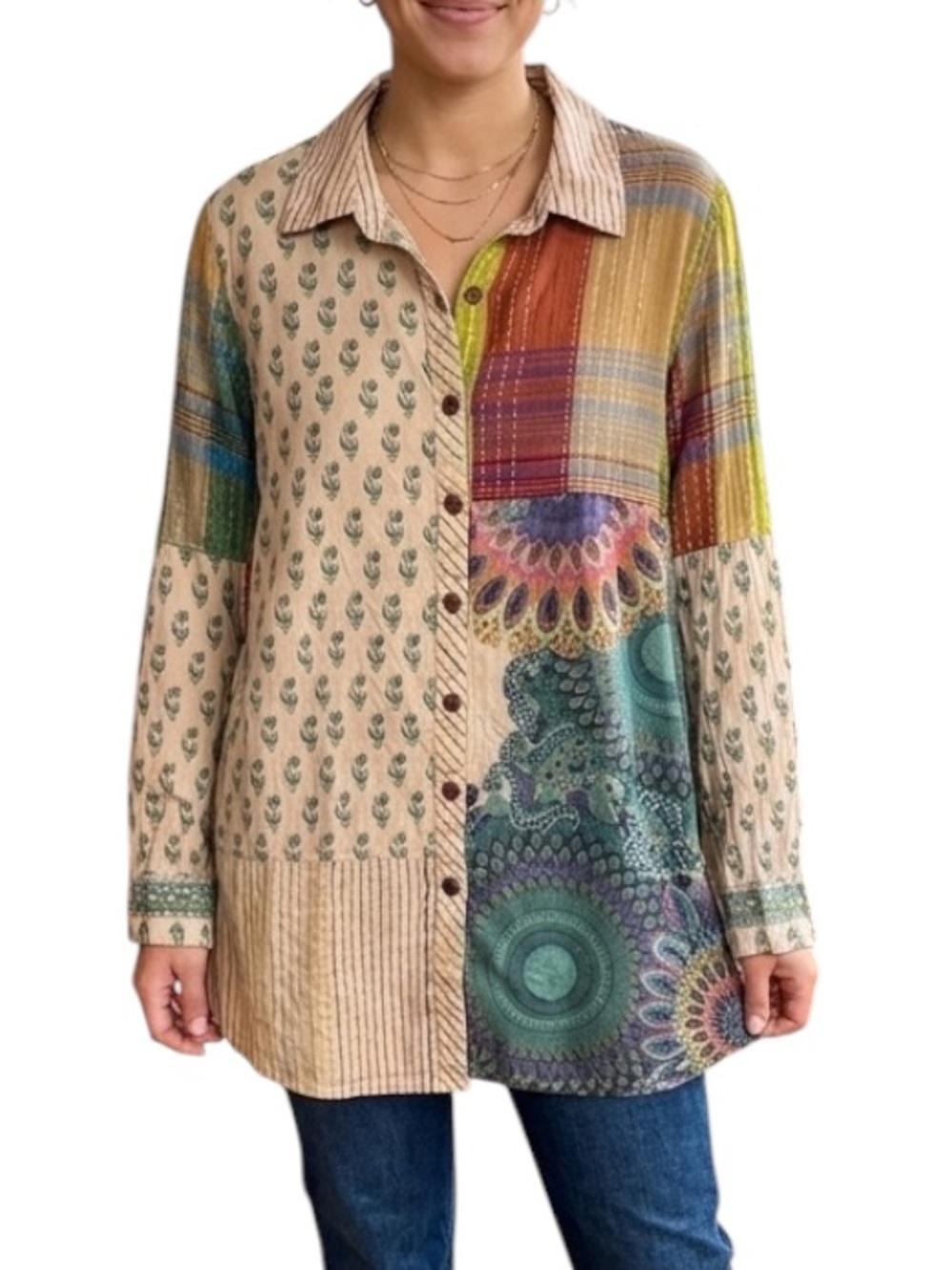 Boho Patchwork Print Kantha Stitch Tunic Top Shirt L/XL Floral Paisley